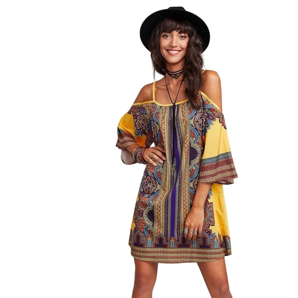 Boho Cold Shoulder Mini Dress Blue Orange Paisley Tribal Bell Sleeve Summer - Picture 2 of 7